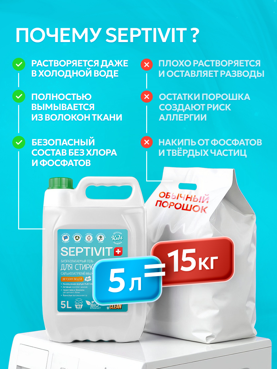 Гель для стирки SEPTIVIT EXTRA CLEAN детский 5 л - фото 8