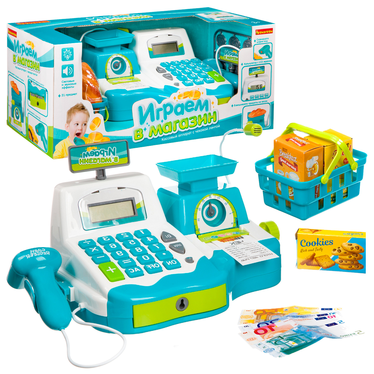 Игровой набор Bondibon касса, продукты, тележки и корзинки - фото 1