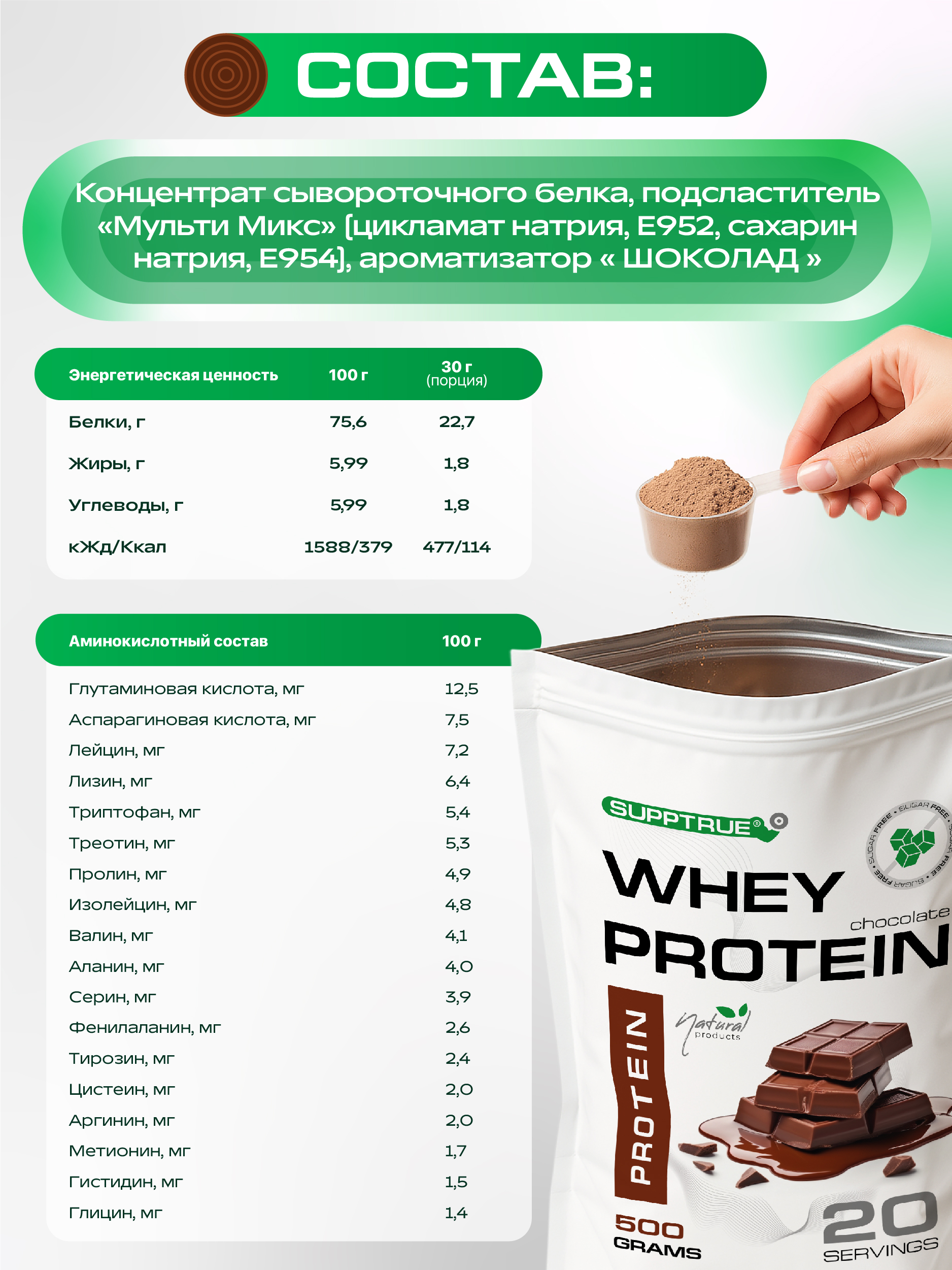 Протеин 0,5 кг SUPPTRUE WHEY PROTEIN со вкусом шоколада 20 порций - фото 9