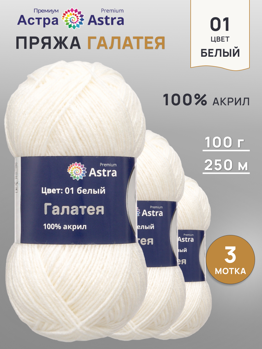 Пряжа Astra Premium Галатея акриловая 100 г 250 м 01 белый 3 мотка - фото 1