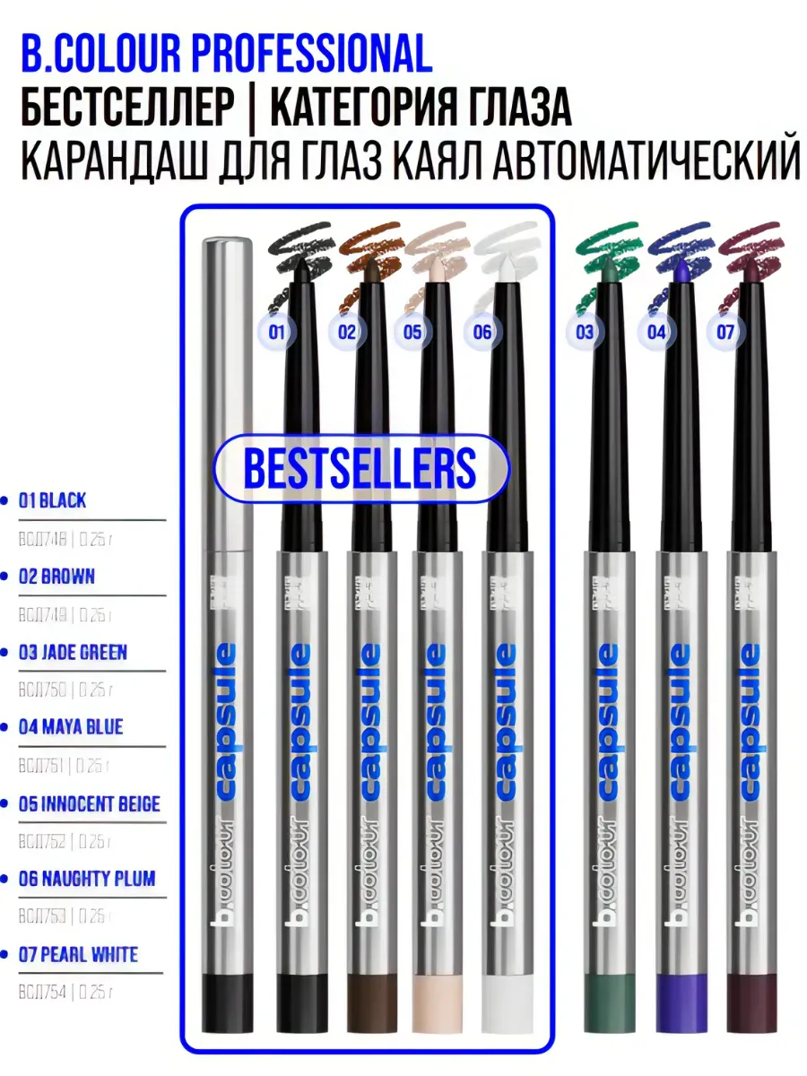 Косметические карандаши B.COLOUR PROFESSIONAL черный водостойкий каял CAPSULE 01 Black - фото 5