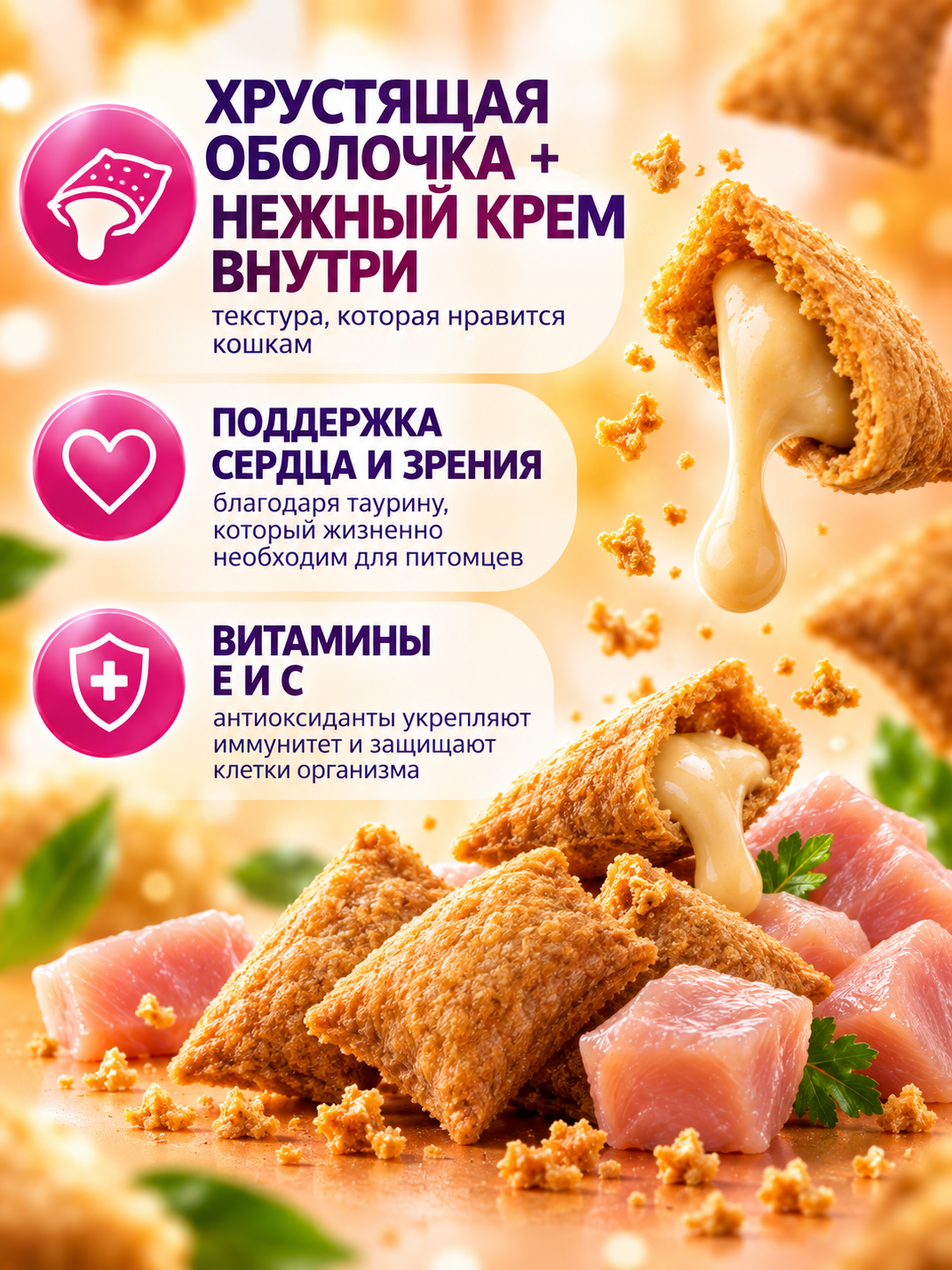 Лакомство сухое для кошек PINK Sensation Хрустящие подушечки с курицей 100г 2 шт. - фото 4