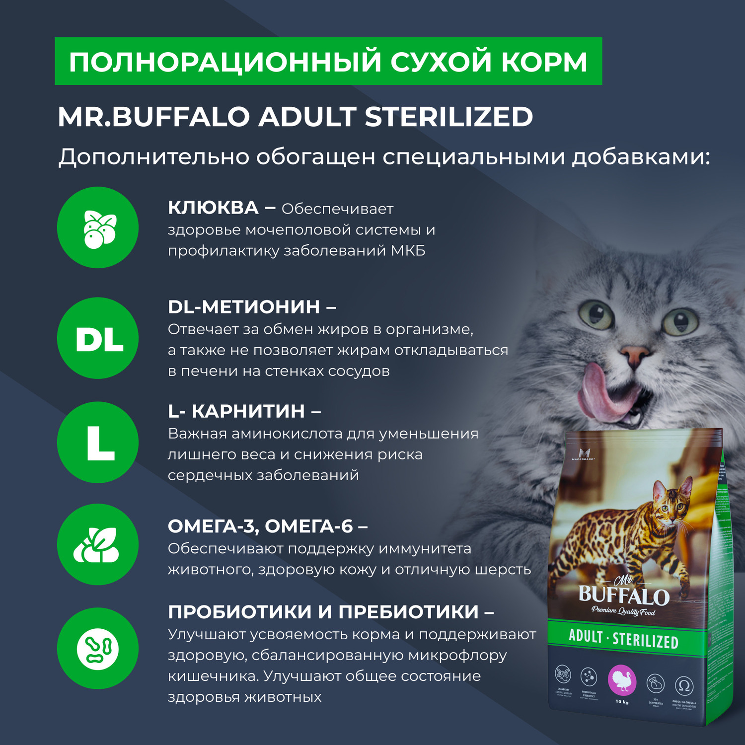 Корм для кошек Mr.Buffalo Castrated стерилизованных с индейкой сухой 10кг - фото 4