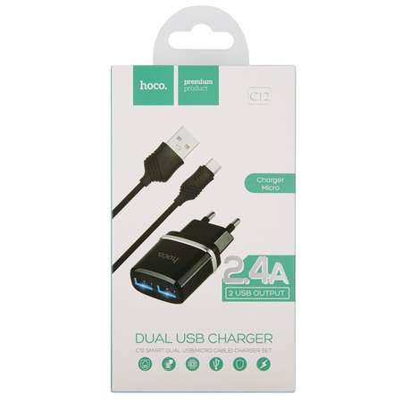 Зарядное устройство HOCO СЗУ+кабель Micro-USB C12 2USB 2.4A черный