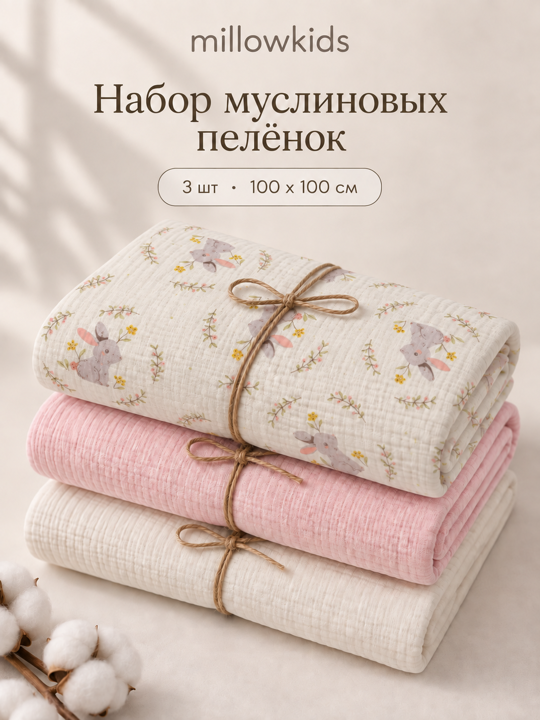 Пелёнка millowkids Зайкина нежность 100х100 см 3 шт. - фото 1