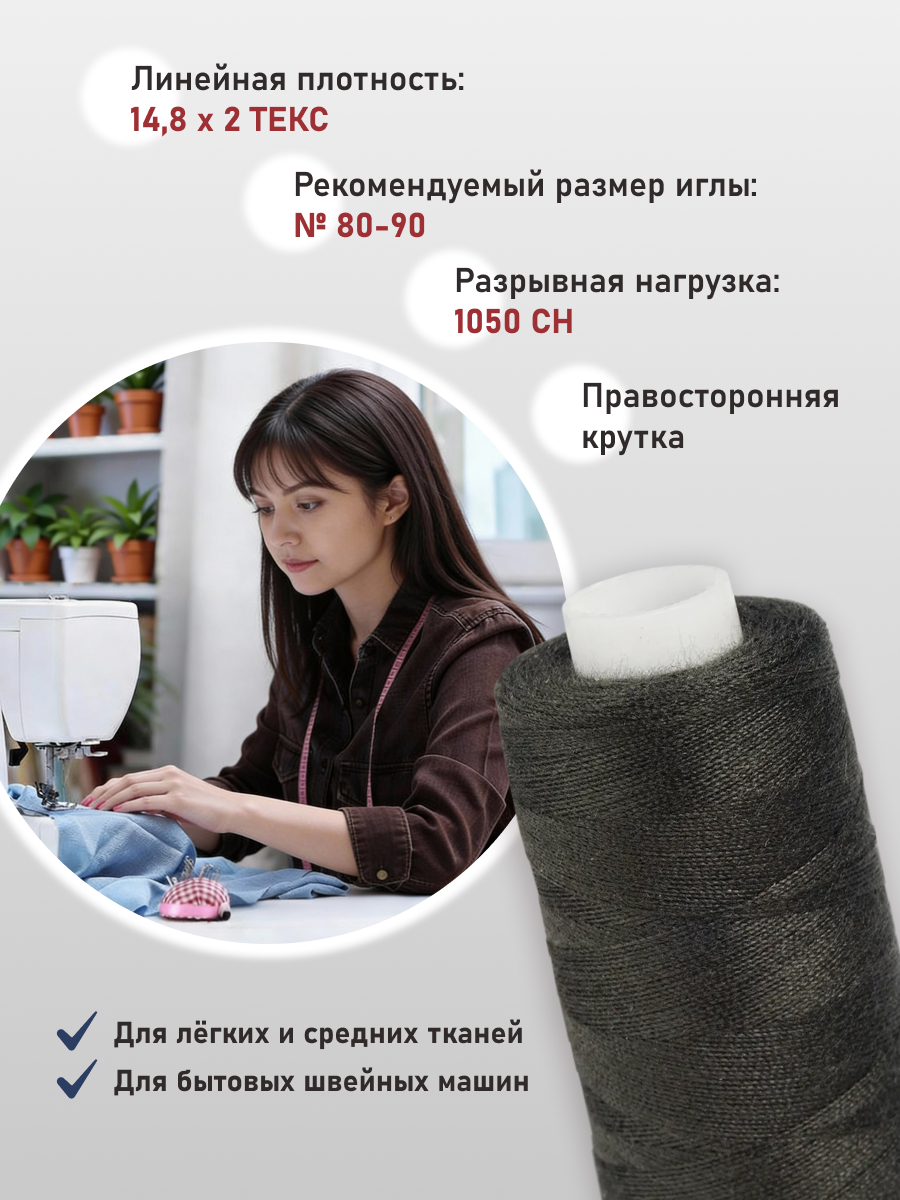 Нитки Bestex универсальные прочные для шитья рукоделия 40/2 400 ярд 10 шт 180 темный сажа - фото 2