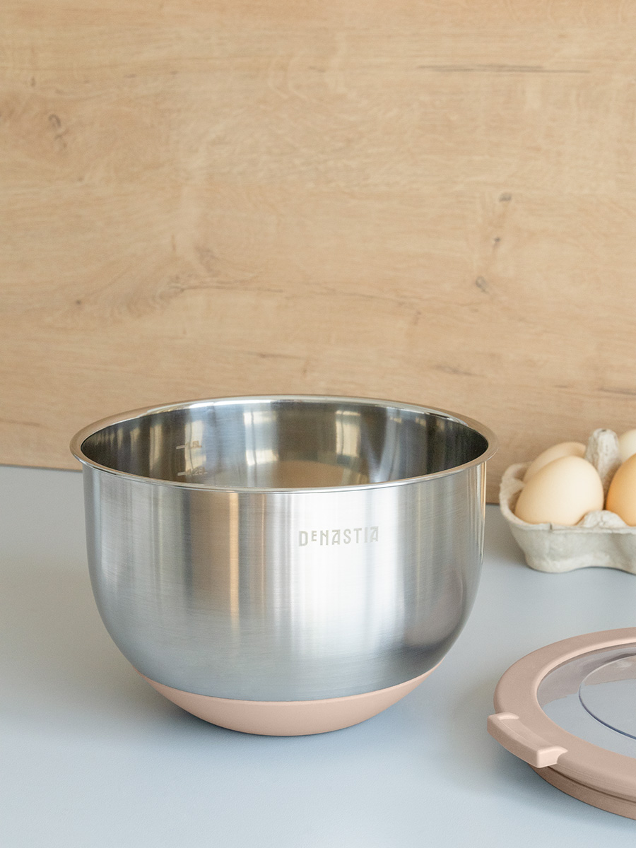 Миска DeNASTIA с прозрачной крышкой 1.5 л нерж.сталь бежевый A000334 - фото 4
