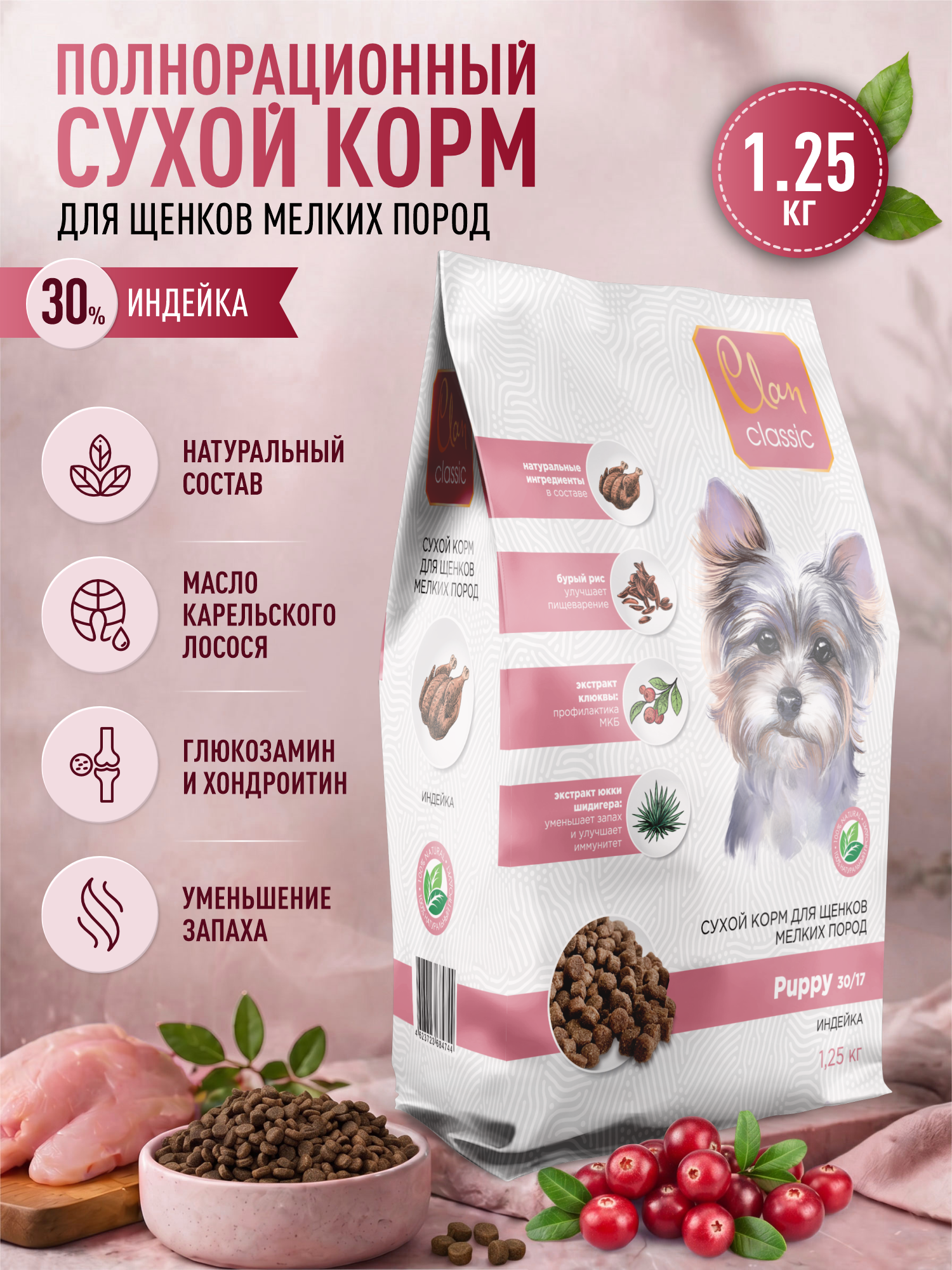 Корм для щенков мелких сухой Clan Classic Puppy 30/17 индейка 1.25кг - фото 1