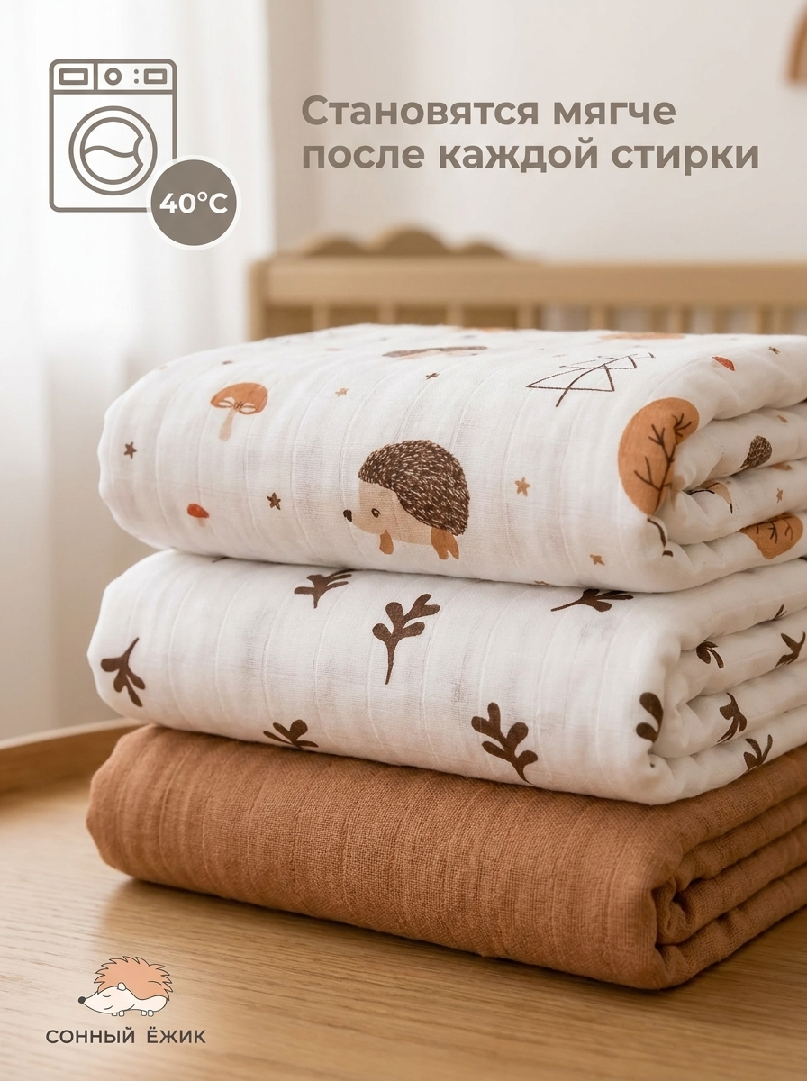 Пелёнка Сонный ежик муслин 90х120 см 3 шт. - фото 4