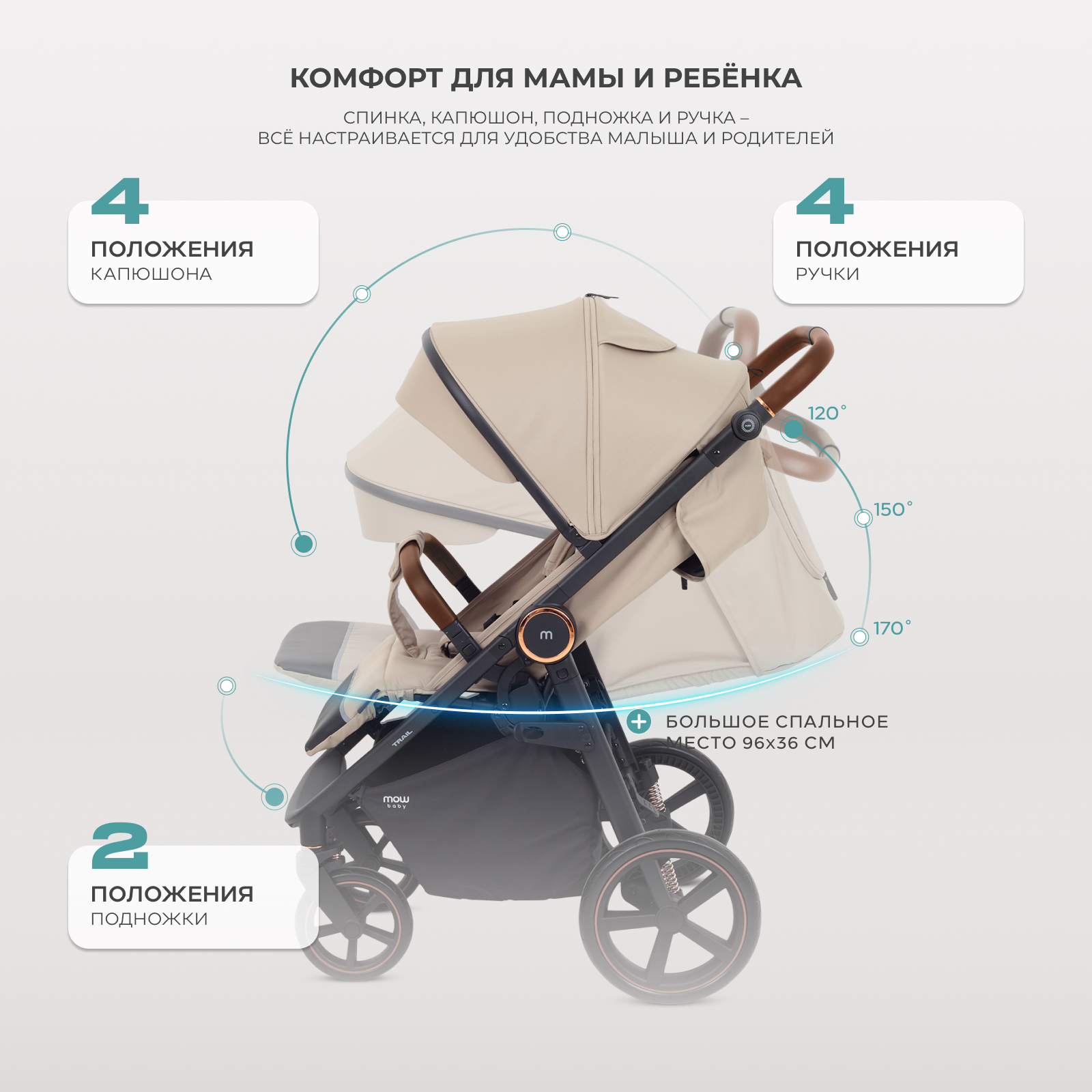 Коляска прогулочная MOWbaby Trail бежевый - фото 2