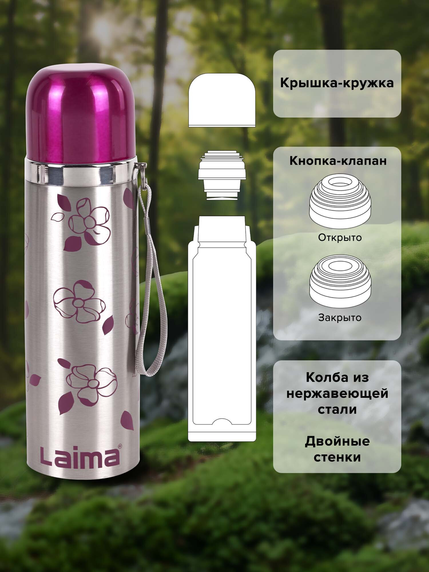 Термос Лайма с узким горлом 0.5 л нержавеющая сталь с рисунком - фото 4