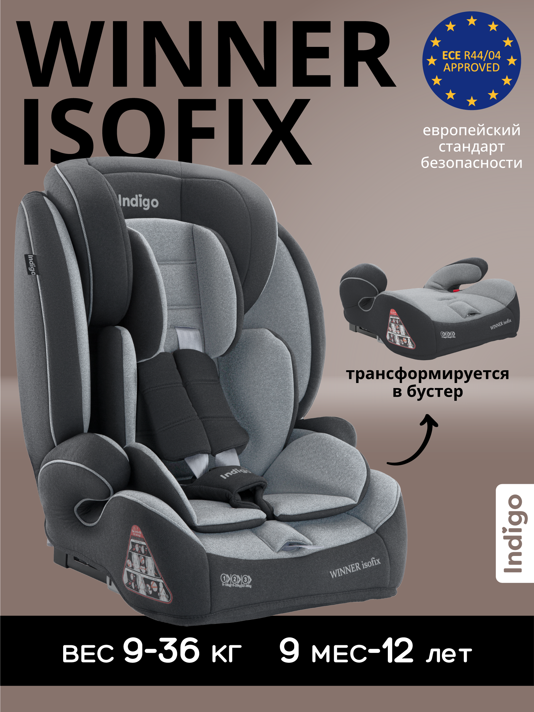 Автокресло Indigo Winner тем.-серый-светл-серый Isofix 1/2/3 (9-36 кг) - фото 1