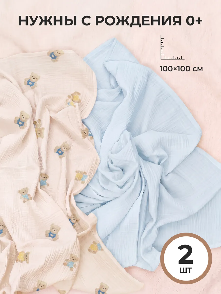 Пелёнка Mamagoods голубые мишки муслин 100х100 см 2 шт. - фото 3