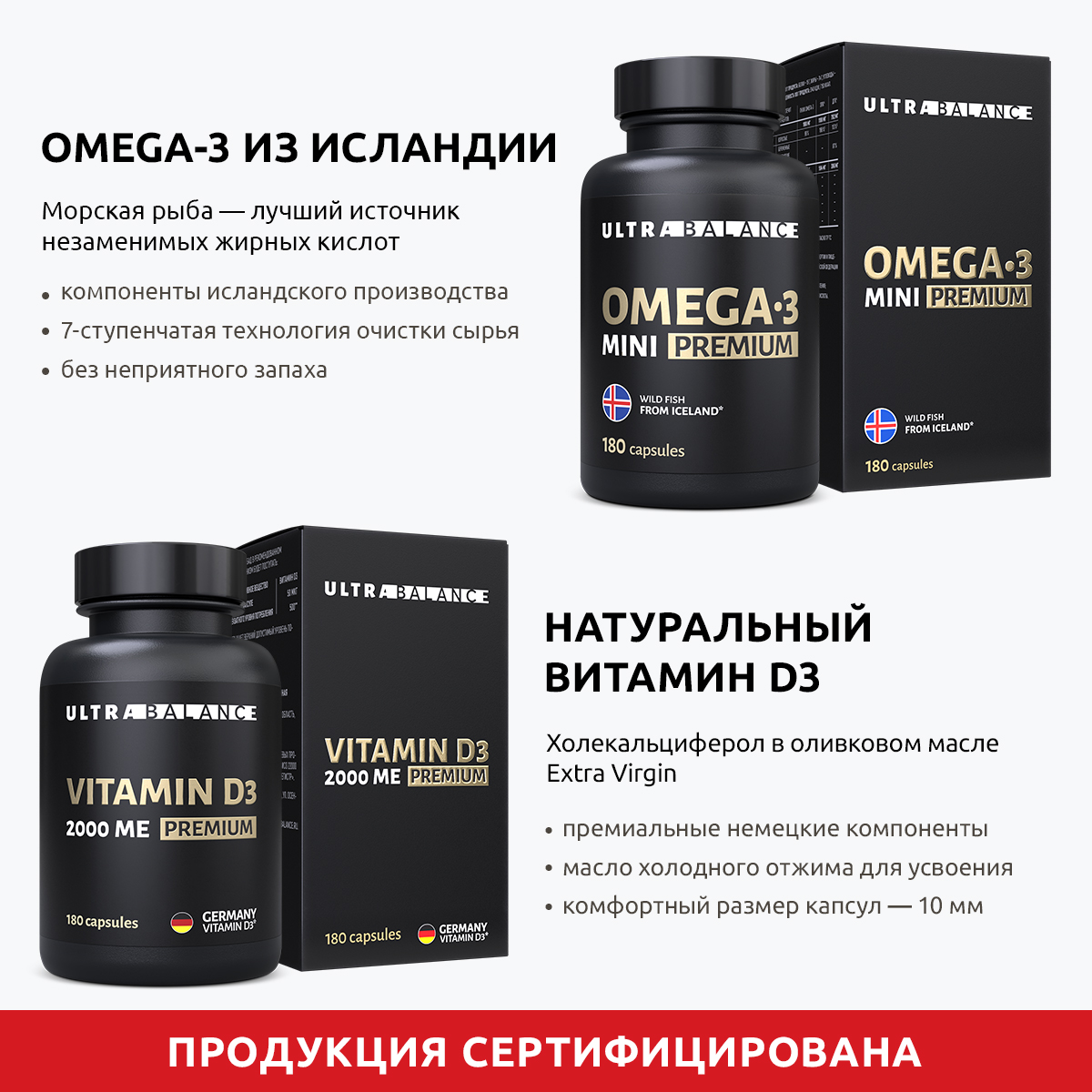 Витамины для иммунитета UltraBalance для мужчин и женщин Омега 3 мини 180 капсул и витамин Д3 2000 ме 180 капсул - фото 9