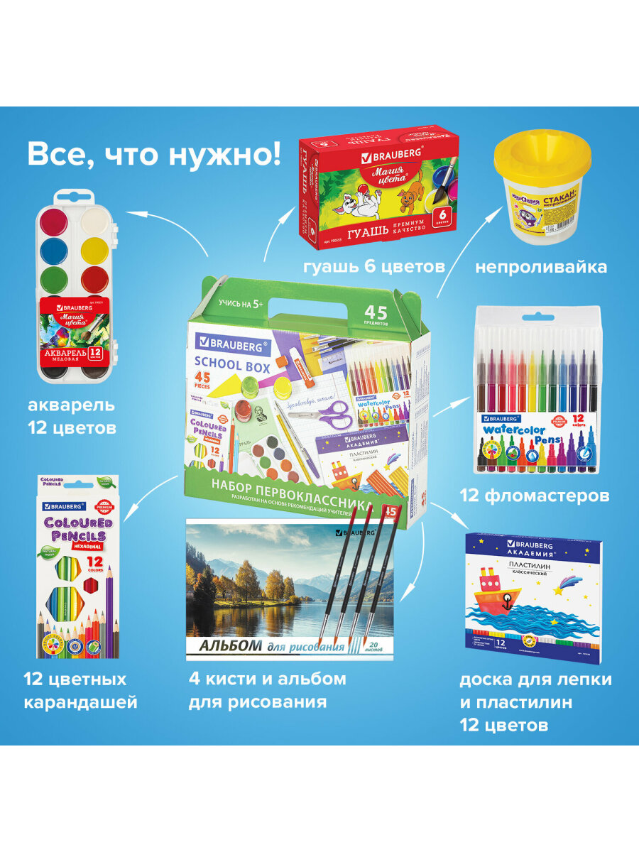Набор первоклассника Brauberg комплект 4 шт в подарочной коробке 45 предметов - фото 13