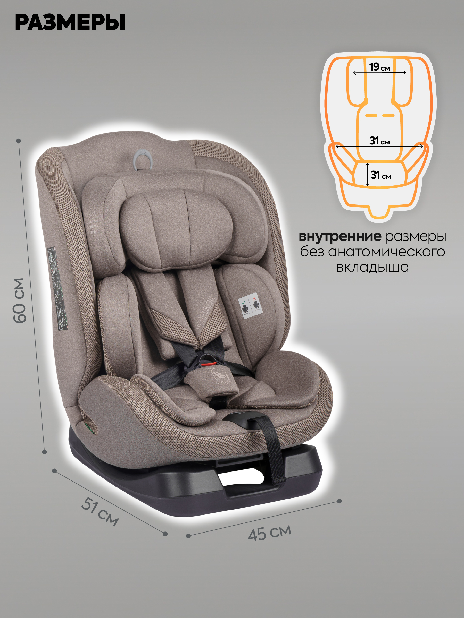 Автокресло Indigo Diesel I-SIZE, группа 0/1/2/3 0+/1/2/3 (0-36 кг) бежевый - фото 2