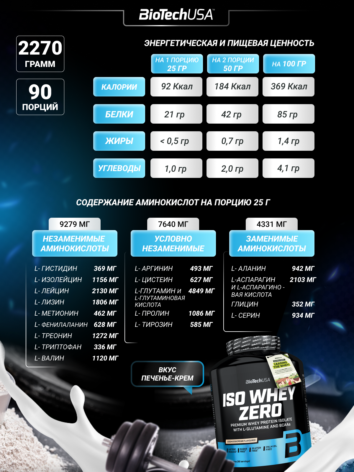 Изолят сывороточного протеина BiotechUSA Iso Whey Zero 2270 г. Печенье с кремом - фото 6