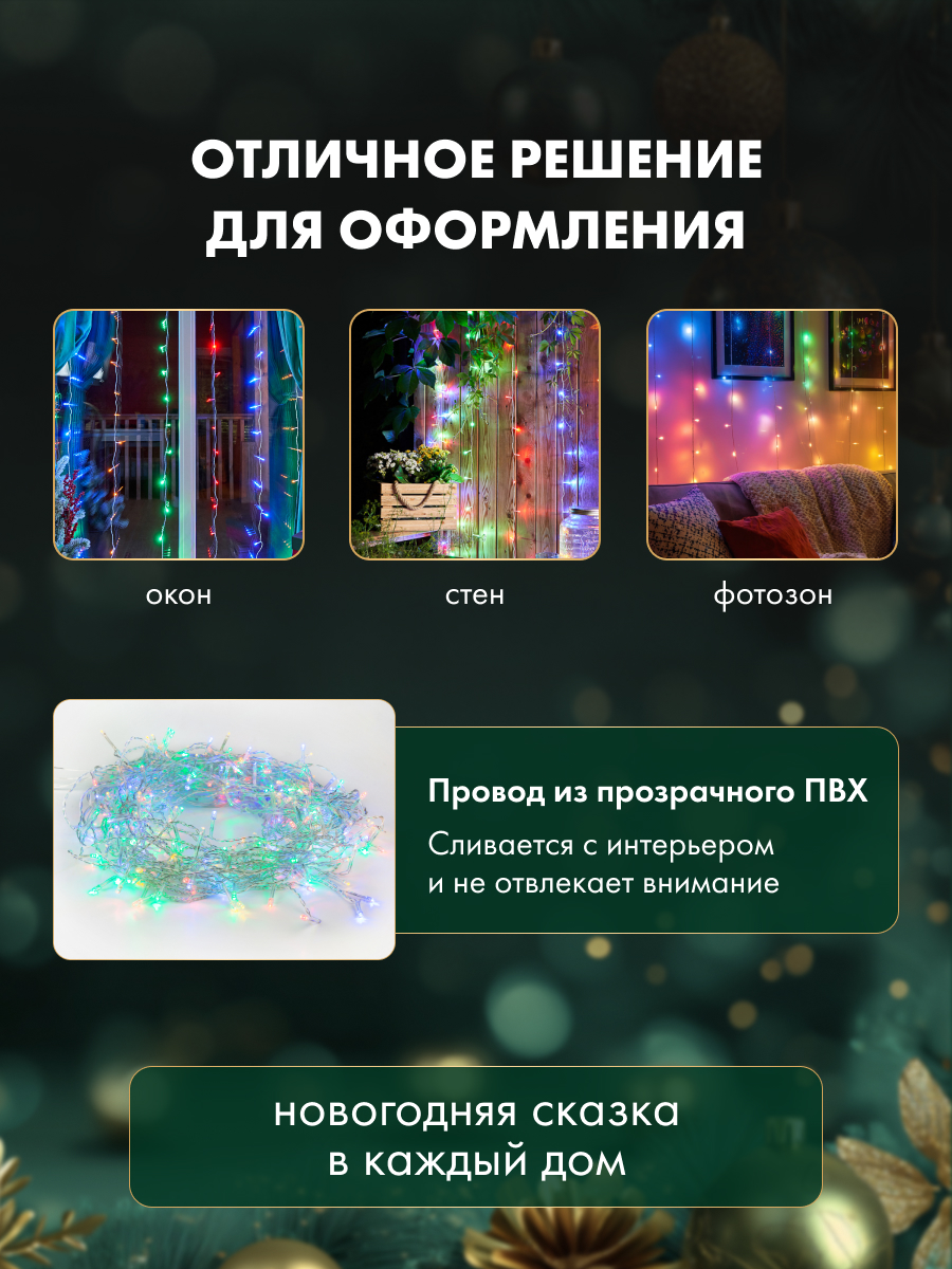 Светодиодная гирлянда NEON-NIGHT Дождь-занавес 2х3 м 8 режимов свечение мультиколор - фото 5