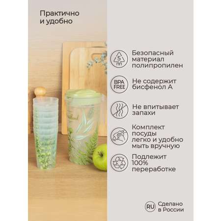Комплект Phibo кувшин с декором 1.5л + 6 стаканов по 0.380мл с декором зеленый