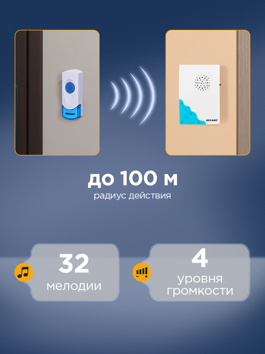 Беспроводной дверной звонок REXANT RX-5 с двумя вызывными панелями 32 мелодии 100м кнопка IP44 - фото 2