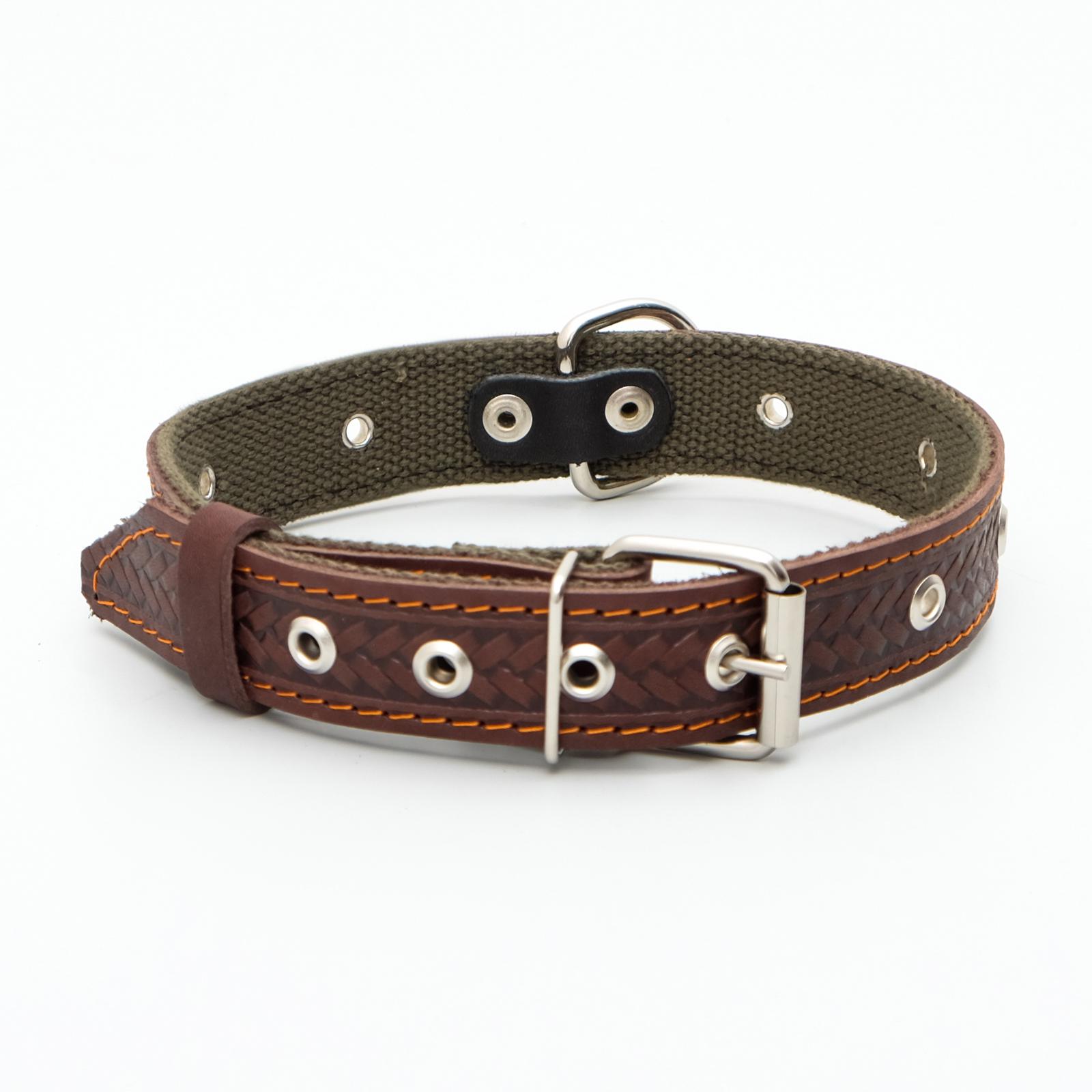 Ошейник Пижон комбинированный безразмерный кожа/брезент 60х3 см ОШ 30-57 см коричневый/зелёный - фото 2