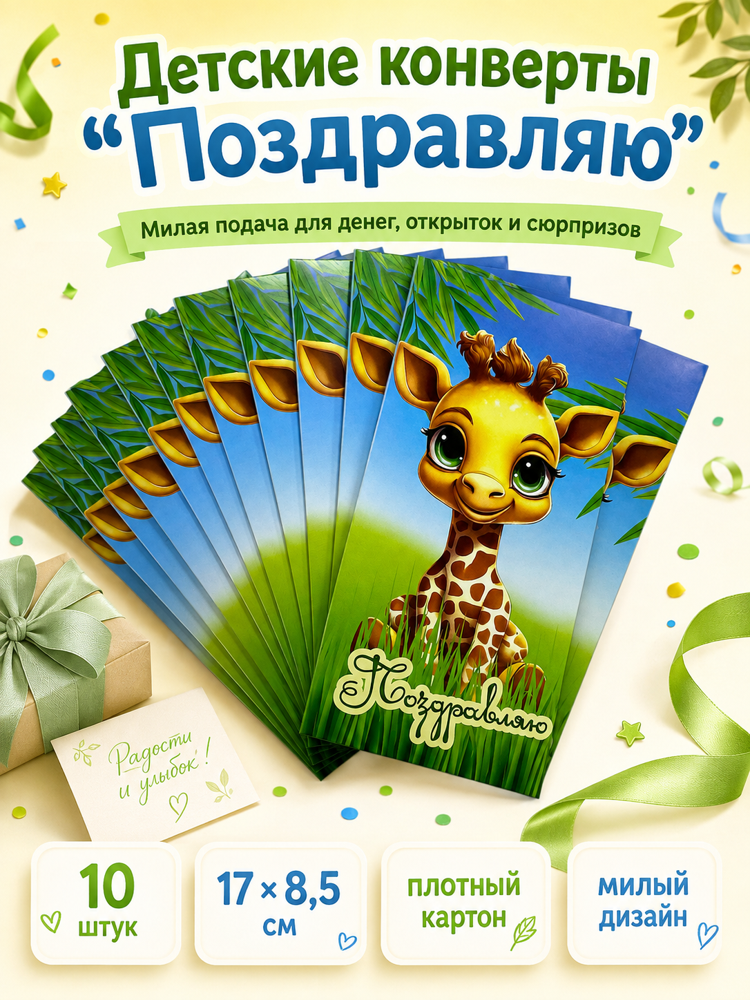 Конверты для денег детские Филькина Грамота Поздравляю с жирафом 10 шт - фото 9