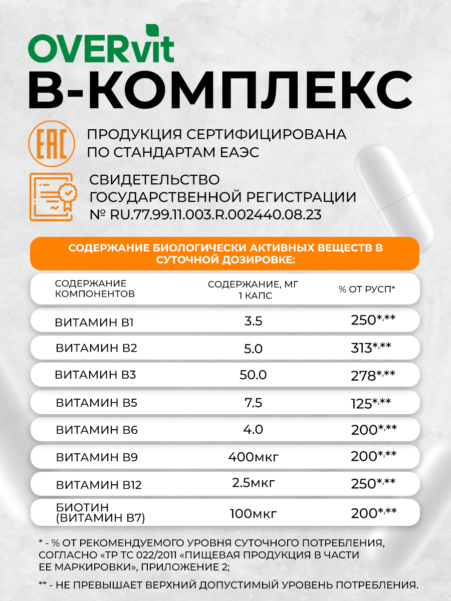 В-комплекс OVER БАД для женщин и мужчин витамины группы В 60 капсул - фото 6