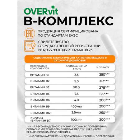 В-комплекс OVER БАД для женщин и мужчин витамины группы В 60 капсул