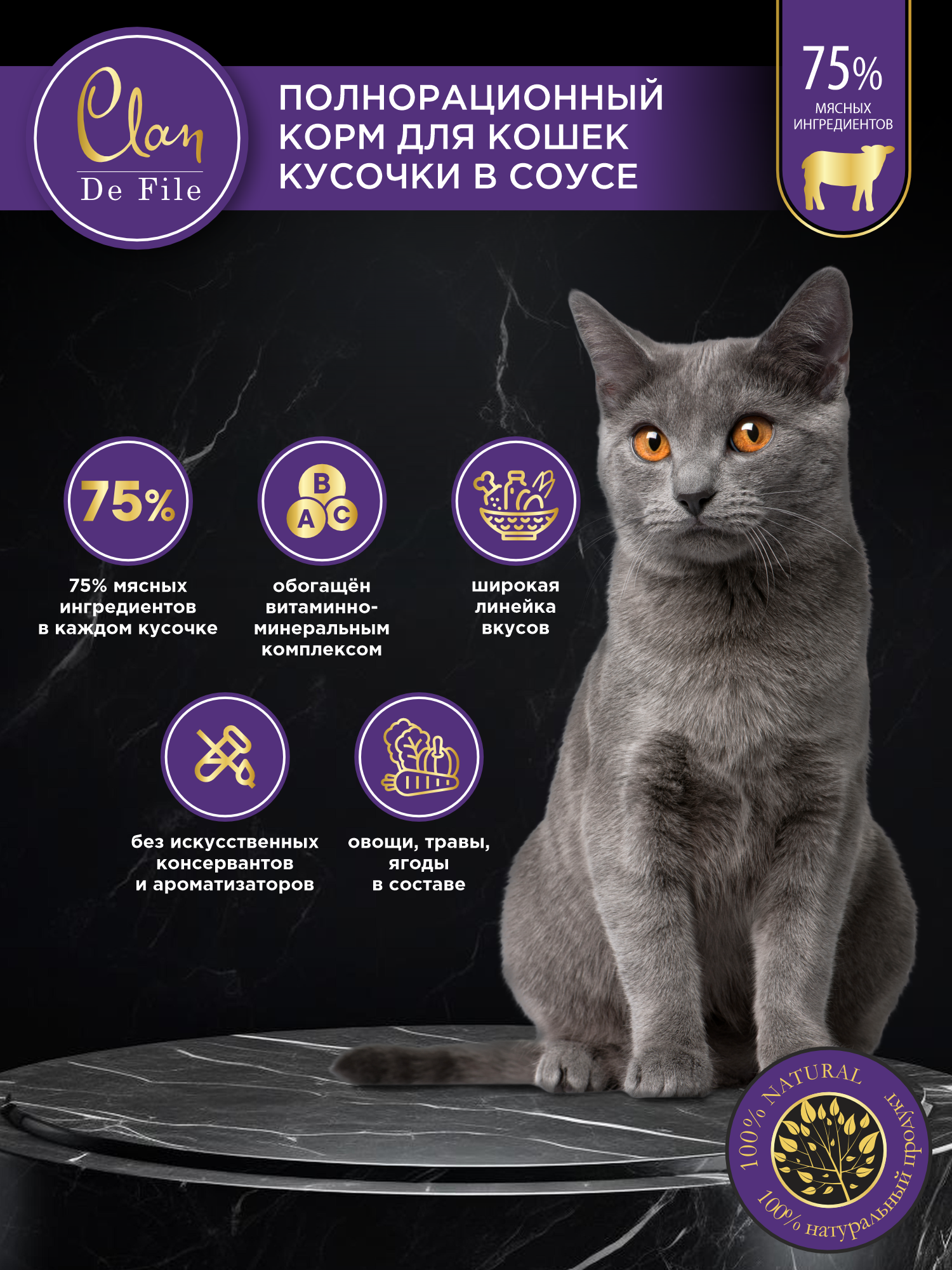 Корм влажный для кошек Clan De File Ягненок с семенами чиа кусочки в соусе пауч 85г 14 шт - фото 2
