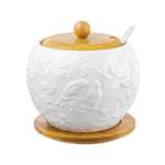 Сахарница Elan Gallery 620 мл 12х12х12 см Птички на ветке с ложкой и деревянной крышкой на деревянной подставке