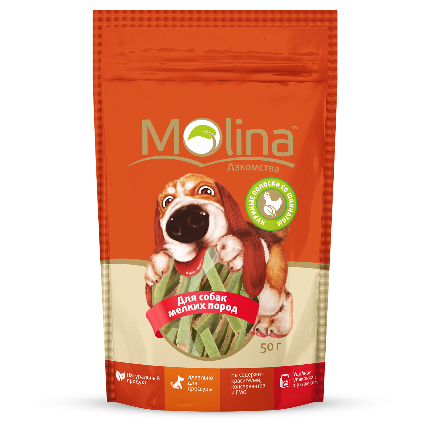Лакомство для собак Molina мелких пород куриные полоски со шпинатом 50г - фото 1