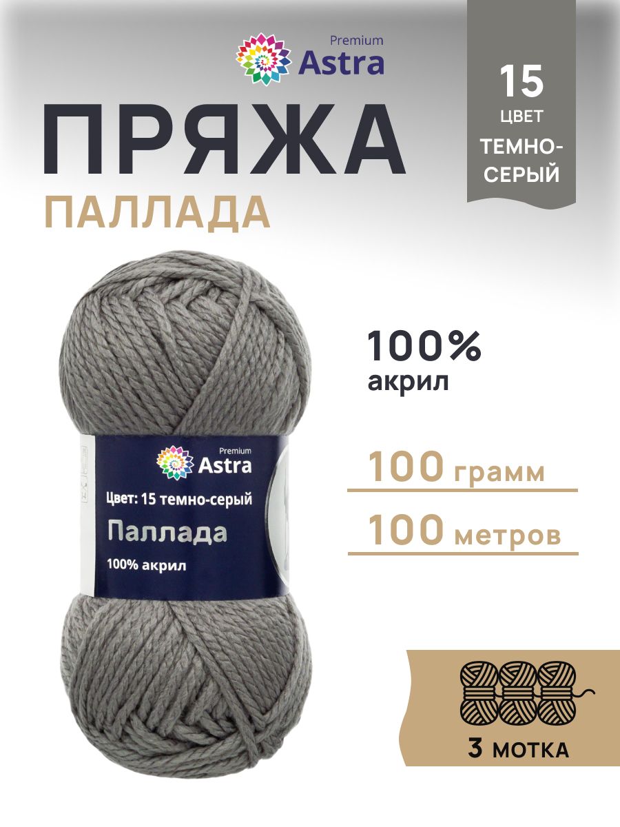 Пряжа Astra Premium Паллада акриловая 100 г 100 м 15 темно-серый 3 мотка - фото 1