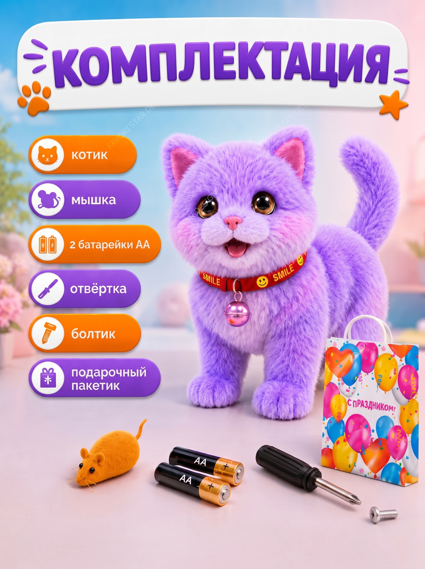 Мягкая игрушка FAVORITSTAR DESIGN Умный кот с мышкой - фото 6