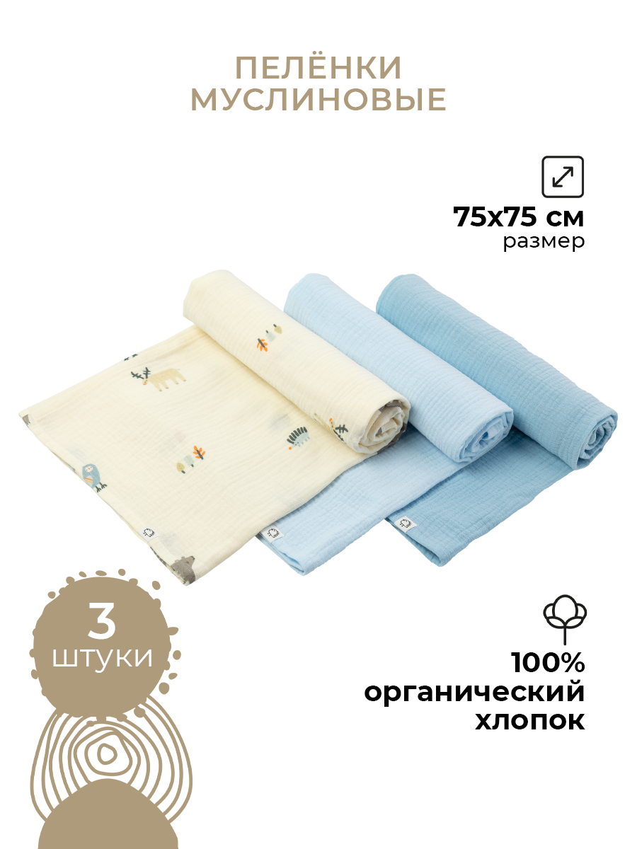 Пелёнка BUBA KIDS Таежная ночь/Голубой/Синий муслин 75х75 см 3 шт. - фото 1