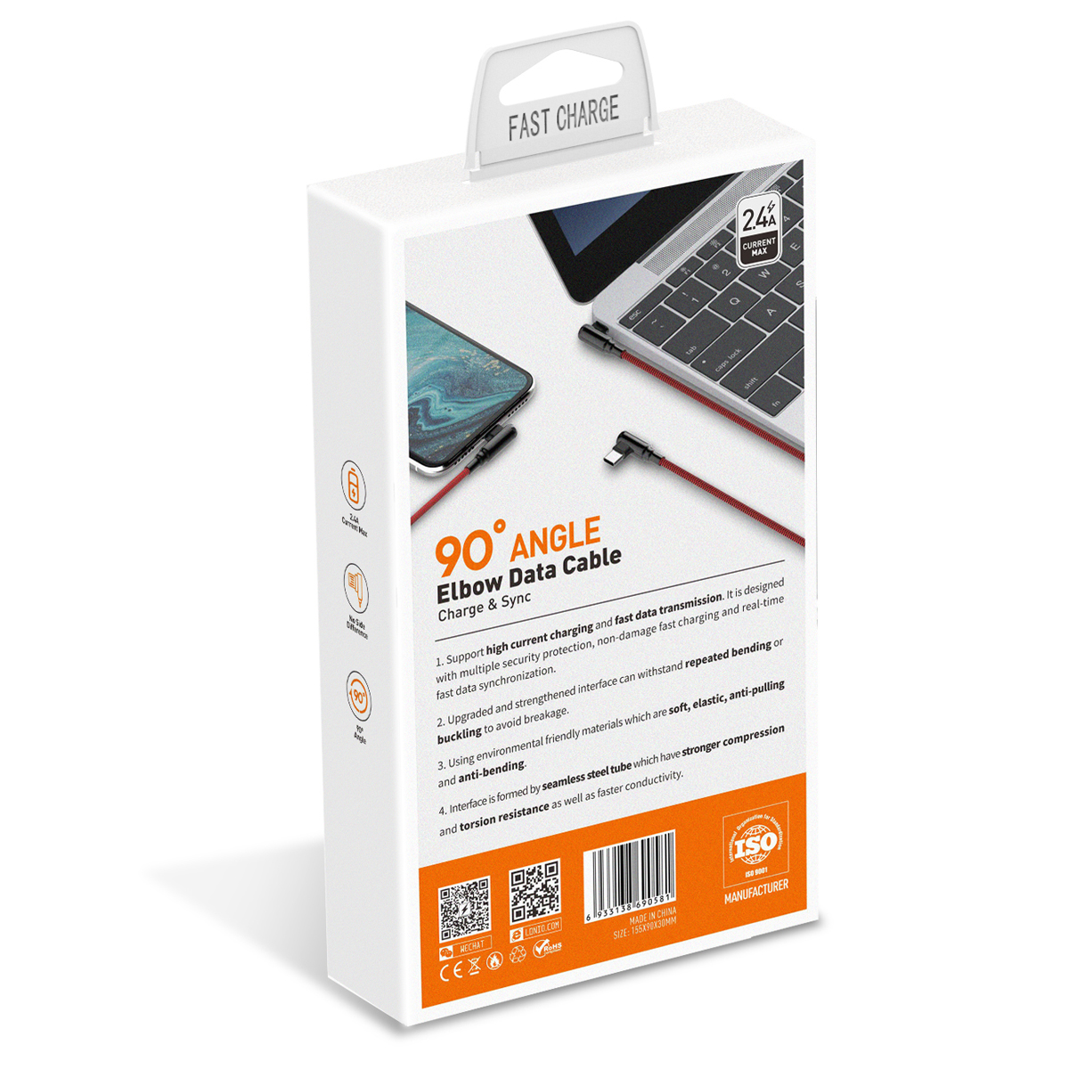Кабель USB-MicroUSB LDNIO LS422 2м / 2.4 А / медь: 86 жил / угловой коннектор/ нейлоновая оплетка / красный - фото 2