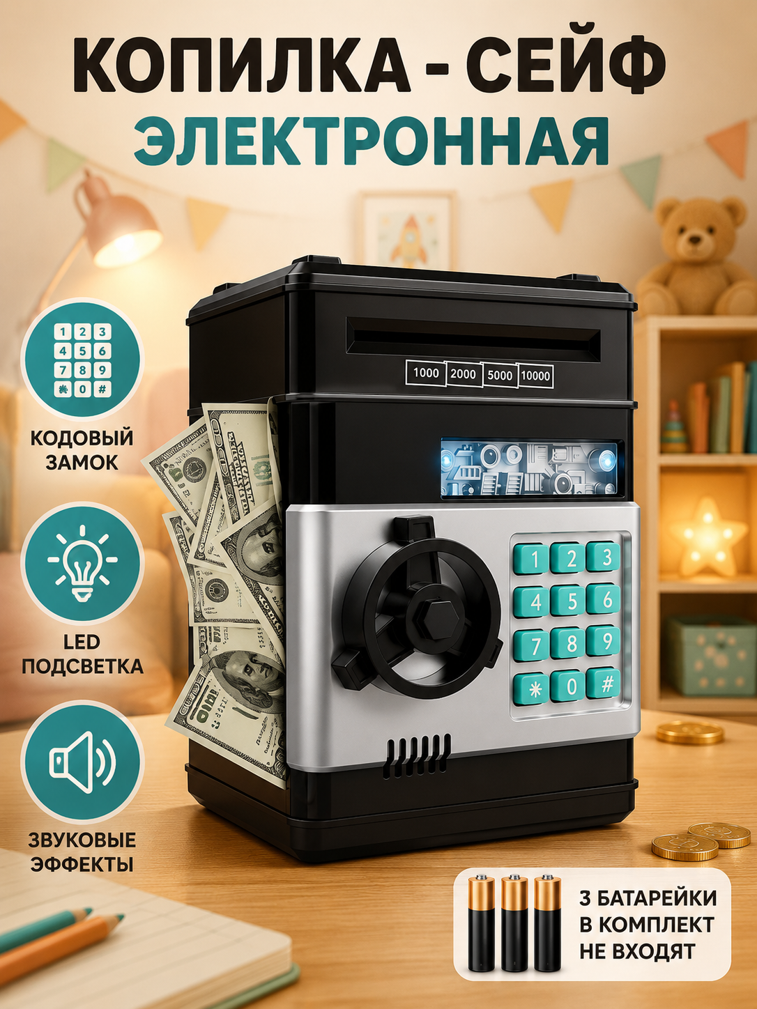 Изображение товара Детская электронная копилка-сейф BalaToys с кодовым замком и звуковым сопровождением Изображение товара Детская электронная копилка-сейф BalaToys с кодовым замком и звуковым сопровождением