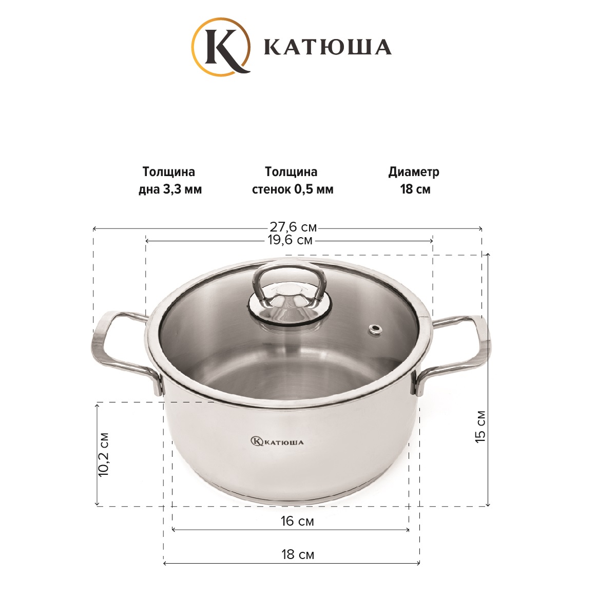 Набор кастрюль нерж. сталь Катюша 4 предмета кастрюли 2.3/3.3л ковш 1л стеклянная крышка 18 см - фото 3