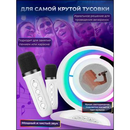 Колонка с 2 микрофонами CASTLELADY караоке портативная беспроводная белая