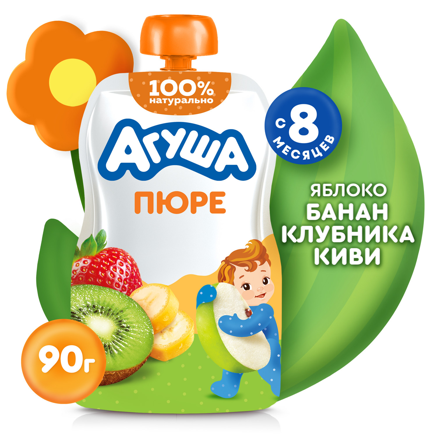 Пюре Агуша Яблоко-банан-клубника-киви с 8 мес 90 г - фото 1