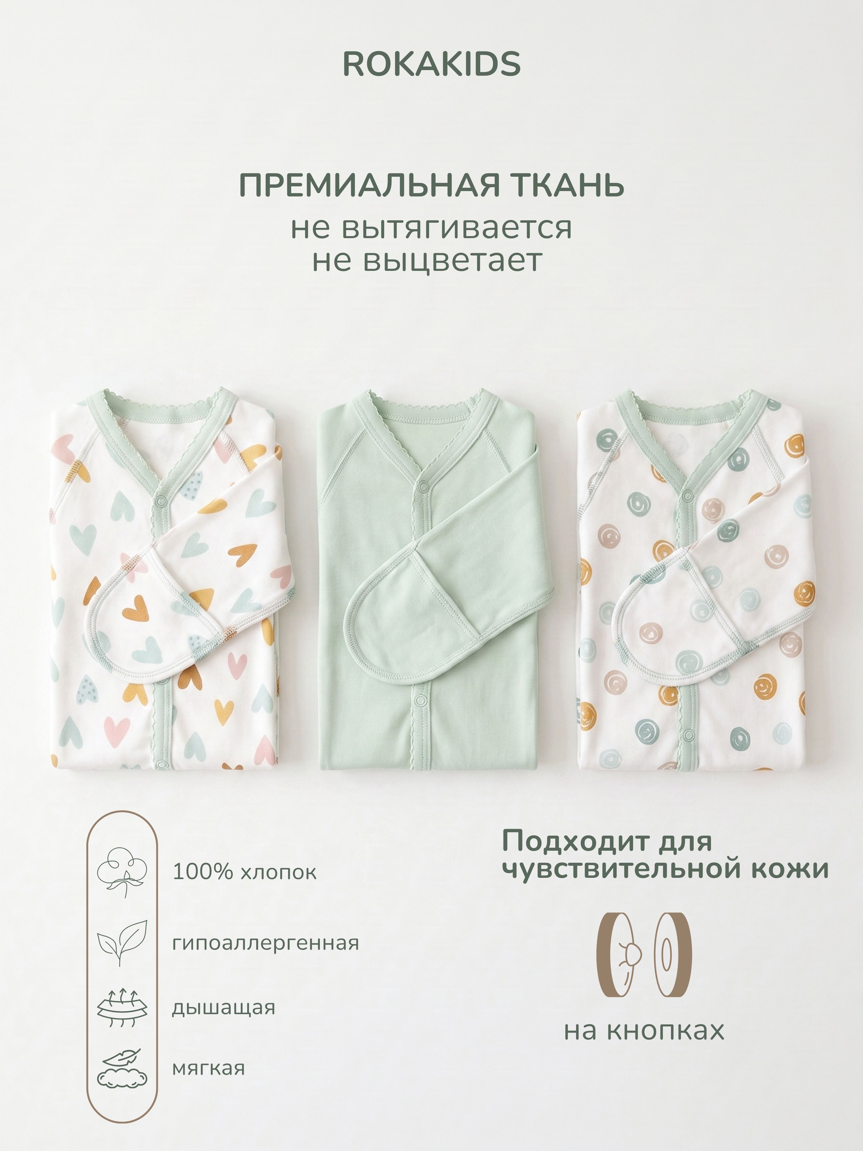 Боди 3 шт ROKAKIDS 3_КБЦКИнП_Сердечки_Горох_Нефрит - фото 3