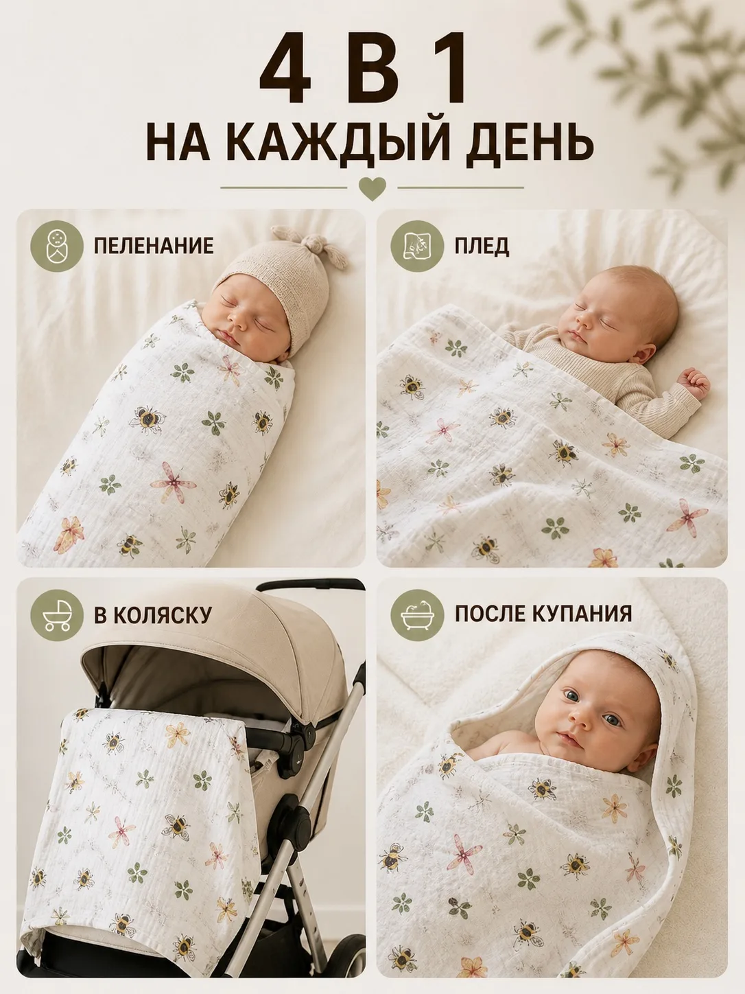 Пелёнка Сонный ежик муслиновая муслин 90х120 см 3 шт. - фото 2