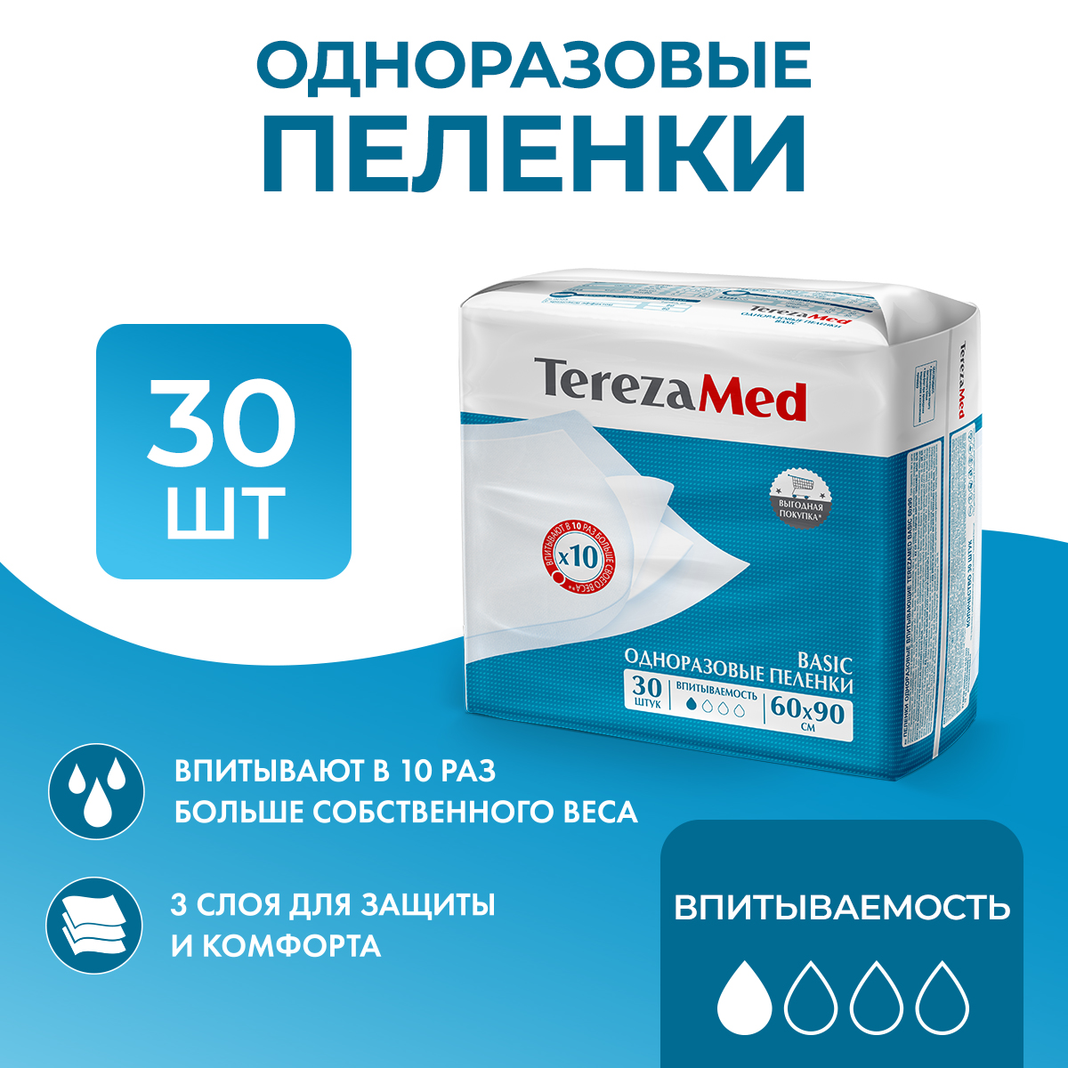 Пелёнки одноразовые TerezaMed 60х90 см 30 шт. - фото 1