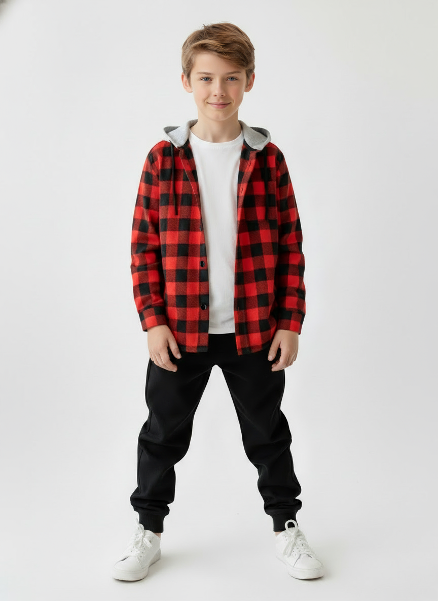 Изображение товара Детская рубашка YOULALA 140 с капюшоном из хлопка клетчатая для мальчиков и девочек