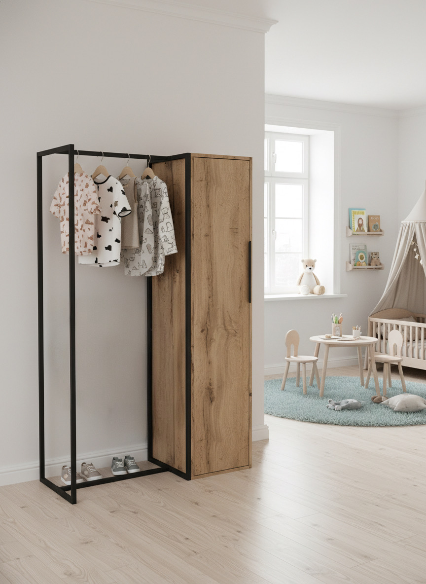 Вешалка напольная для одежды, дуб вотан, шкаф с дверцей, рейл металлическая в детскую, гардеробную 95.3х42х150.4 см. - фото 10