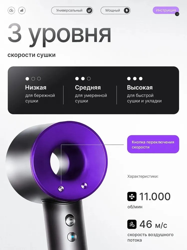 Фен с 5 магнитными насадками CASTLELADY с ионизацией 1600 BT шнур 1,8 метра фиолетовый - фото 5