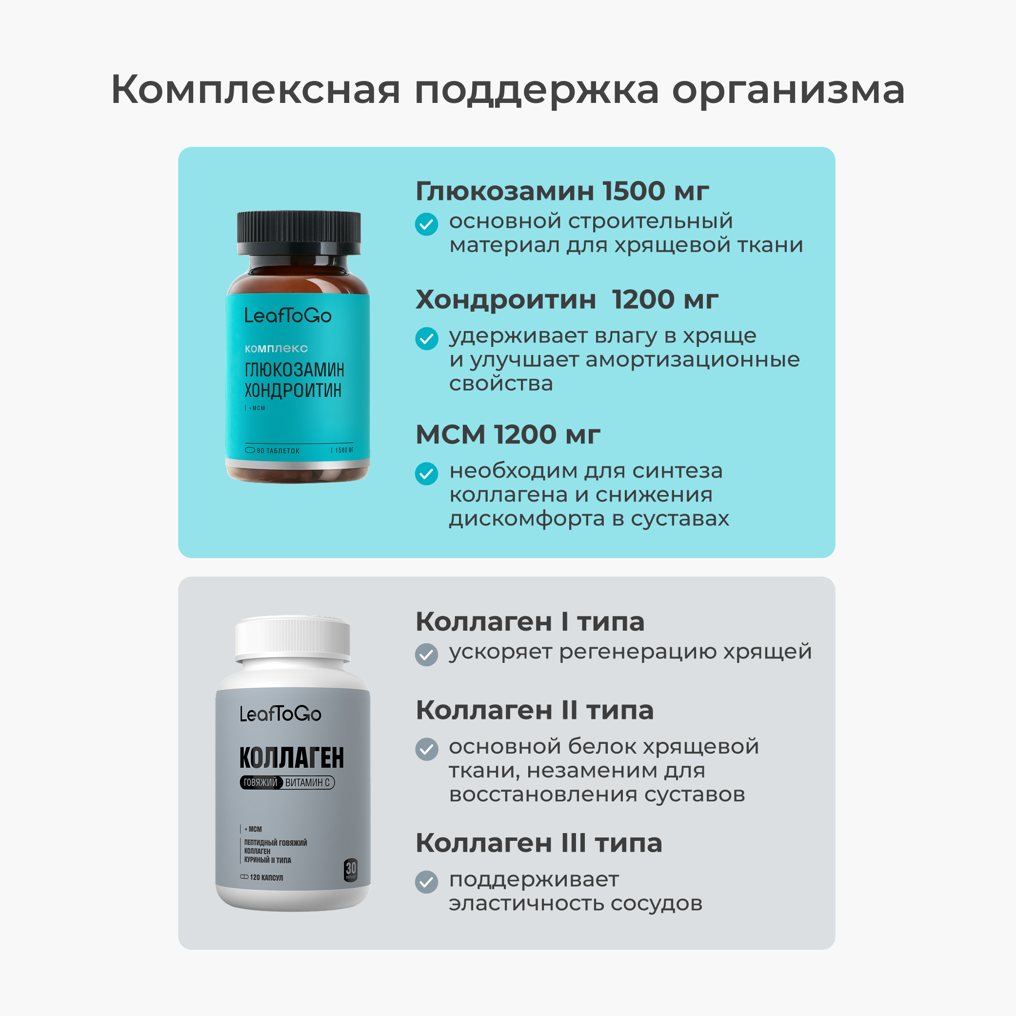 Набор витаминов для суставов и связок LeafToGo Хондроитин + МСМ 90 таблеток и Коллаген 1 2 и 3 типа 120 шт - фото 2