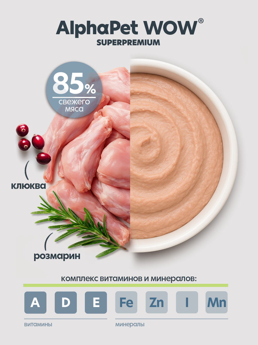 Пауч 28 шт Влажный полнорационный корм AlphaPet для взрослых кошек паштет с кроликом AlphaPet WOW Superpremium, 85 г - фото 5