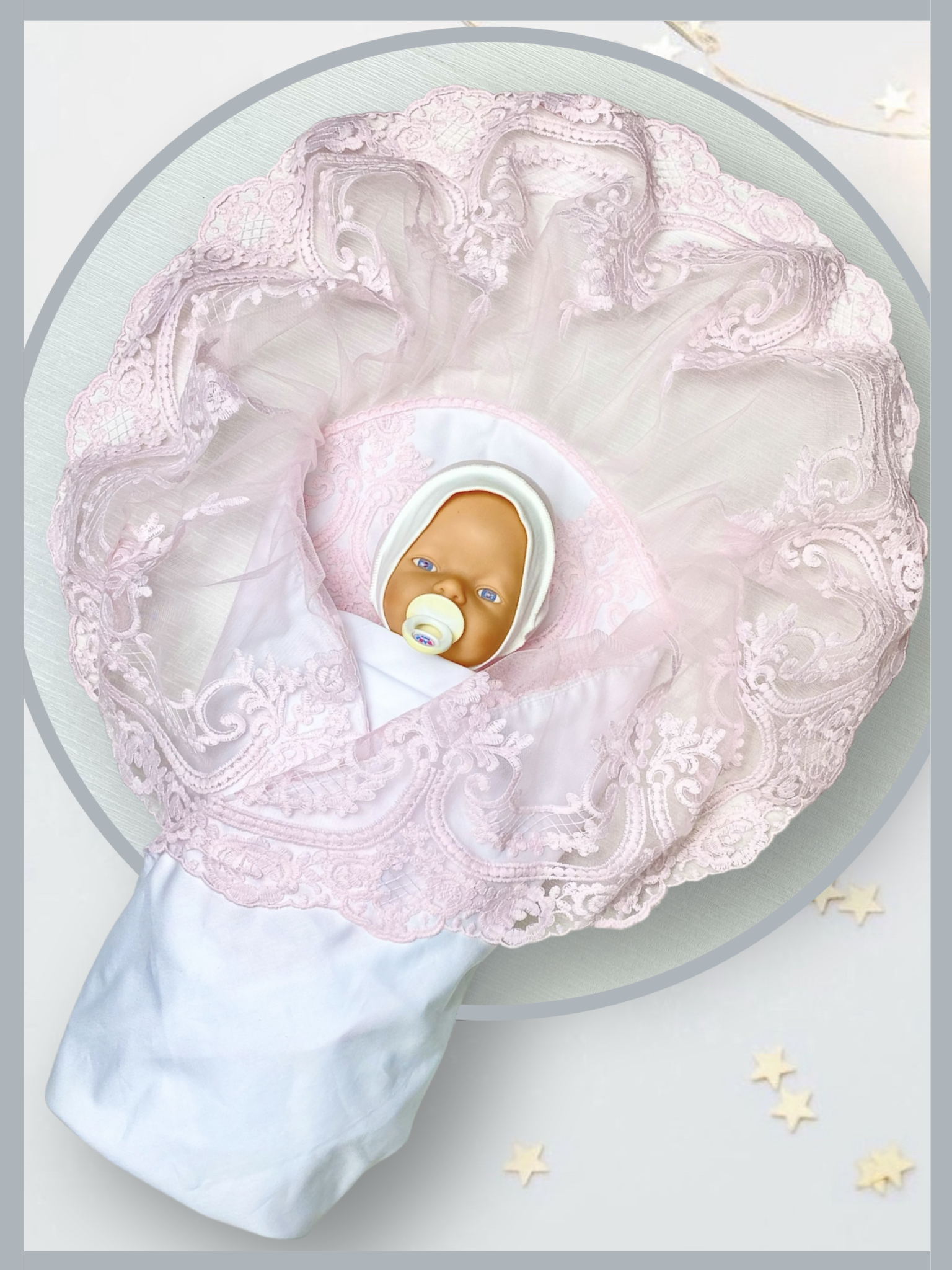 Конверт на выписку Делоникс Пеленка уголок с кружевом розовый - фото 1