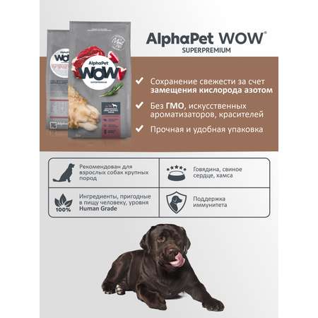 Корм для взрослых собак крупных пород AlphaPet Wow Superpremium сухой с говядиной и сердцем 15кг