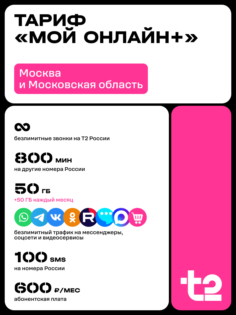Sim-карта t2, тариф "Мой онлайн+", баланс - 300 рублей - фото 2